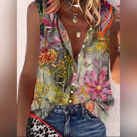 Tops - Floral Print Sleeveless Blouse